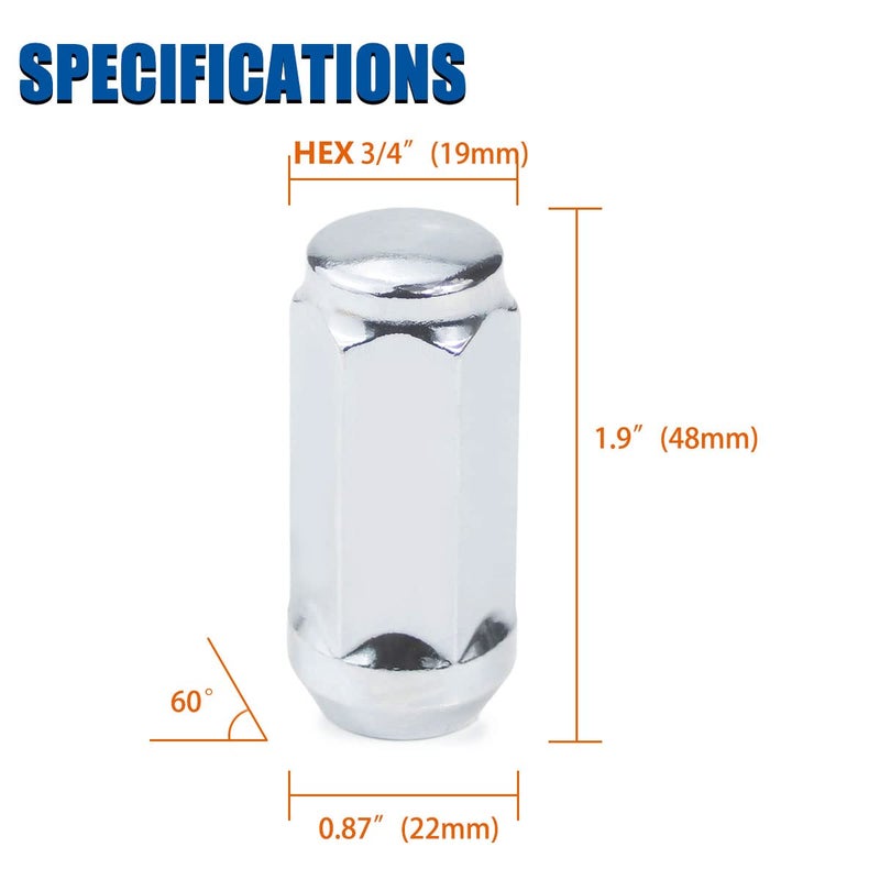 GAsupply صواميل عروة GAsupply M14x1.5 - صواميل عروة طويلة منتفخة من الكروم بطرف مغلق، مقعد مخروطي بطول 1.9 بوصة بطول 3/4 بوصة سداسي متوافق مع Ford Chevy Lincoln GMC Cadillac (24 حزمة) - Image 2